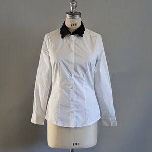 NWT ASOS Long Sleeve Crisp White Button Down with Black Scalloped Collar 2 /XS